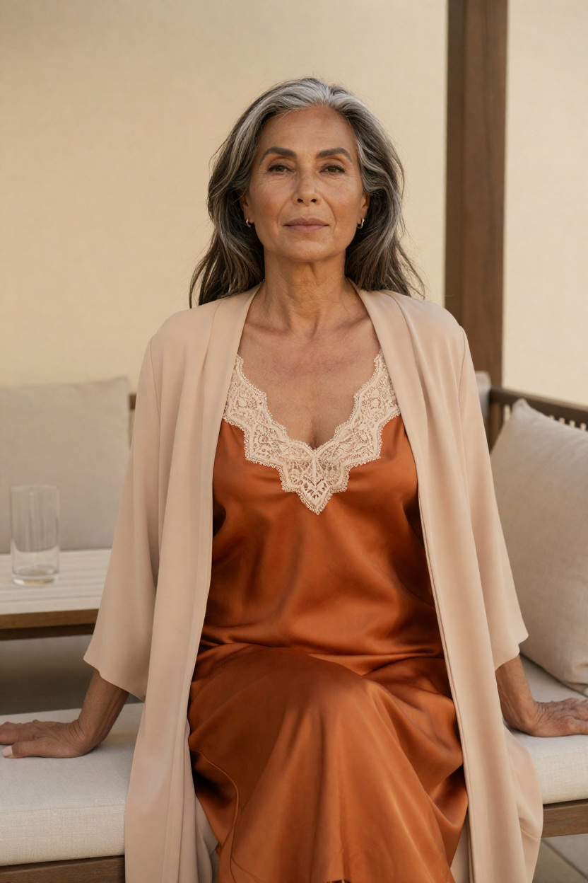 Photorealistic portrait of a fictional 48-year-old woman, silver-streaked dark hair worn loose past the shoulders, deep